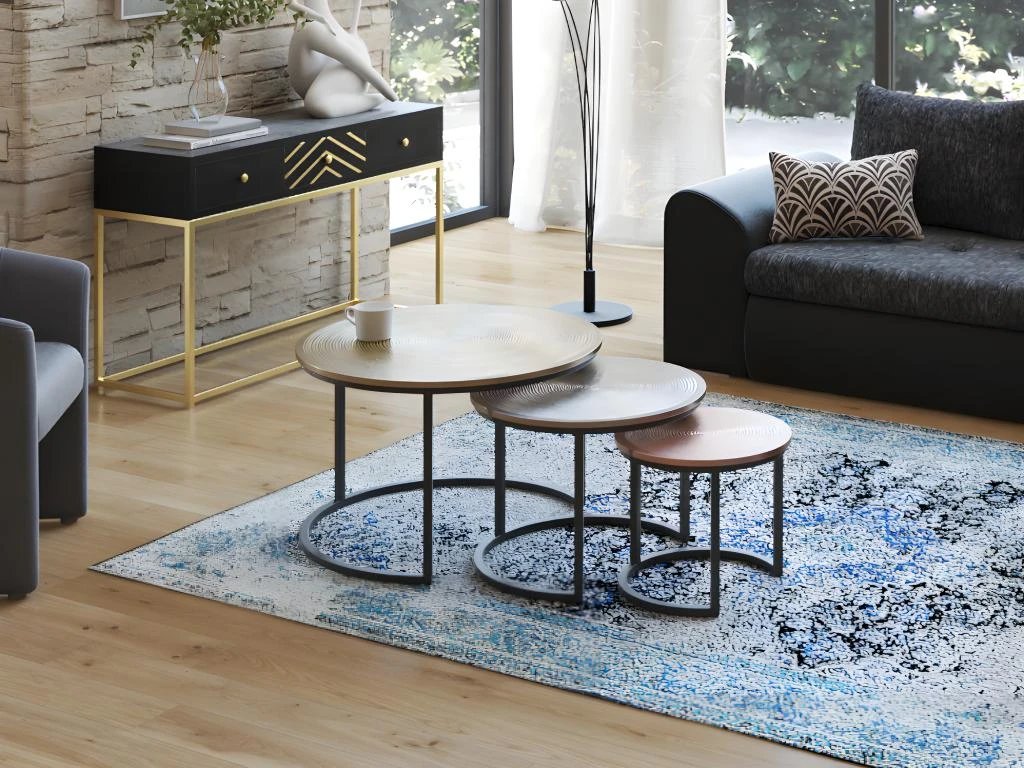 Tables Basses Gigognes CANDEUR - Motifs Sculptés - Acier - Coloris : Doré, Argent, Cuivre 3 Tables Basses Gigognes CANDEUR - Motifs Sculptés - Acier - Coloris : Doré, Argent, Cuivre