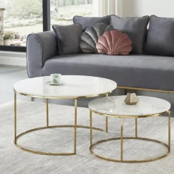 Tables Basses Gigognes ANGELA - Marbre Blanc Et Métal Doré De Pascal MORABITO