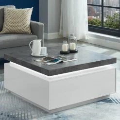 Table Basse HALO II - 2 Tiroirs - MDF Laqué - Avec LEDs - Blanc Et Béton