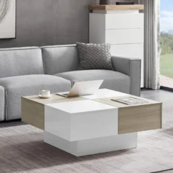 Table Basse Avec 4 Tiroirs En MDF - Naturel Et Blanc Laqué - MAYLON