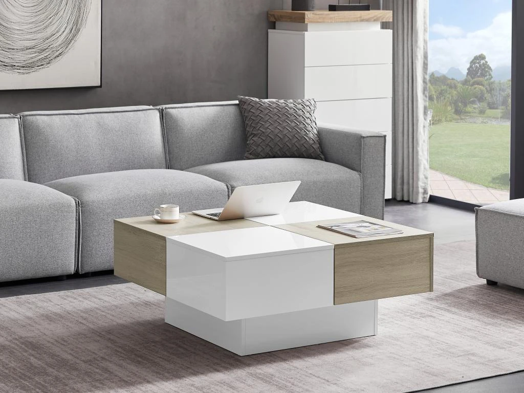 Table Basse Avec 4 Tiroirs En MDF - Naturel Et Blanc Laqué - MAYLON 3 Table Basse Avec 4 Tiroirs En MDF - Naturel Et Blanc Laqué - MAYLON