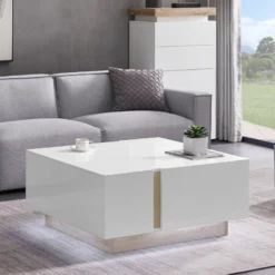 Table Basse 2 Portes Et 2 Tiroirs Avec LEDs - MDF - Naturel Et Blanc Laqué - QUINCY