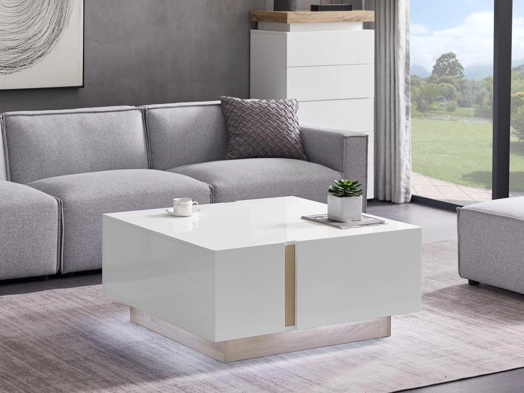 Table Basse 2 Portes Et 2 Tiroirs Avec LEDs - MDF - Naturel Et Blanc Laqué - QUINCY 3 Table Basse 2 Portes Et 2 Tiroirs Avec LEDs - MDF - Naturel Et Blanc Laqué - QUINCY