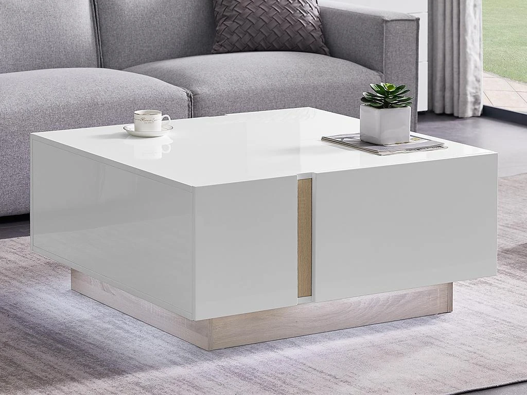 Table Basse 2 Portes Et 2 Tiroirs Avec LEDs - MDF - Naturel Et Blanc Laqué - QUINCY 4 Table Basse 2 Portes Et 2 Tiroirs Avec LEDs - MDF - Naturel Et Blanc Laqué - QUINCY – Image 2