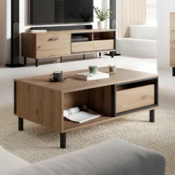 Table Basse BAYORI - 2 Tiroirs Et 1 Niche - Chêne Et Anthracite