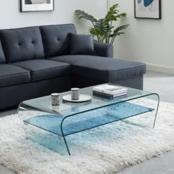 Table Basse - Verre Trempé - Tablette Bleue Laquée - KELLY