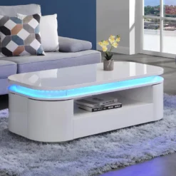 Table Basse 4 Portes Et 1 Tiroir Avec LEDs - MDF - Blanc Laqué - VANDANA