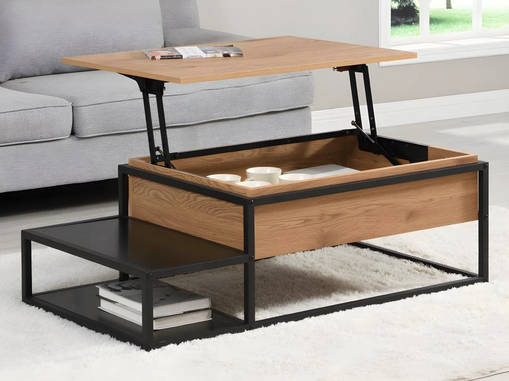 Table Basse Avec Plateau Relevable - MDF Et Métal - Naturel Et Noir - LUTESA 4 Table Basse Avec Plateau Relevable - MDF Et Métal - Naturel Et Noir - LUTESA – Image 2