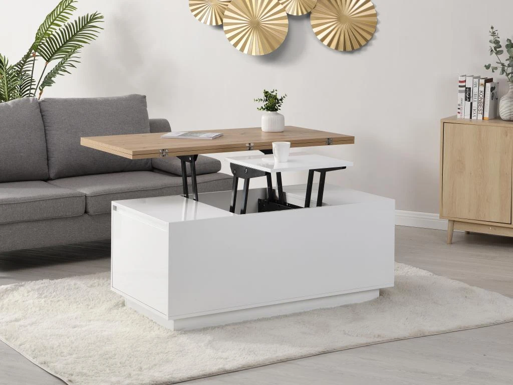 Table Basse Extensible Avec 2 Plateaux Relevables Et 2 Tiroirs - MDF Et Métal - Naturel Et Blanc Laqué - SILIAM 3 Table Basse Extensible Avec 2 Plateaux Relevables Et 2 Tiroirs - MDF Et Métal - Naturel Et Blanc Laqué - SILIAM