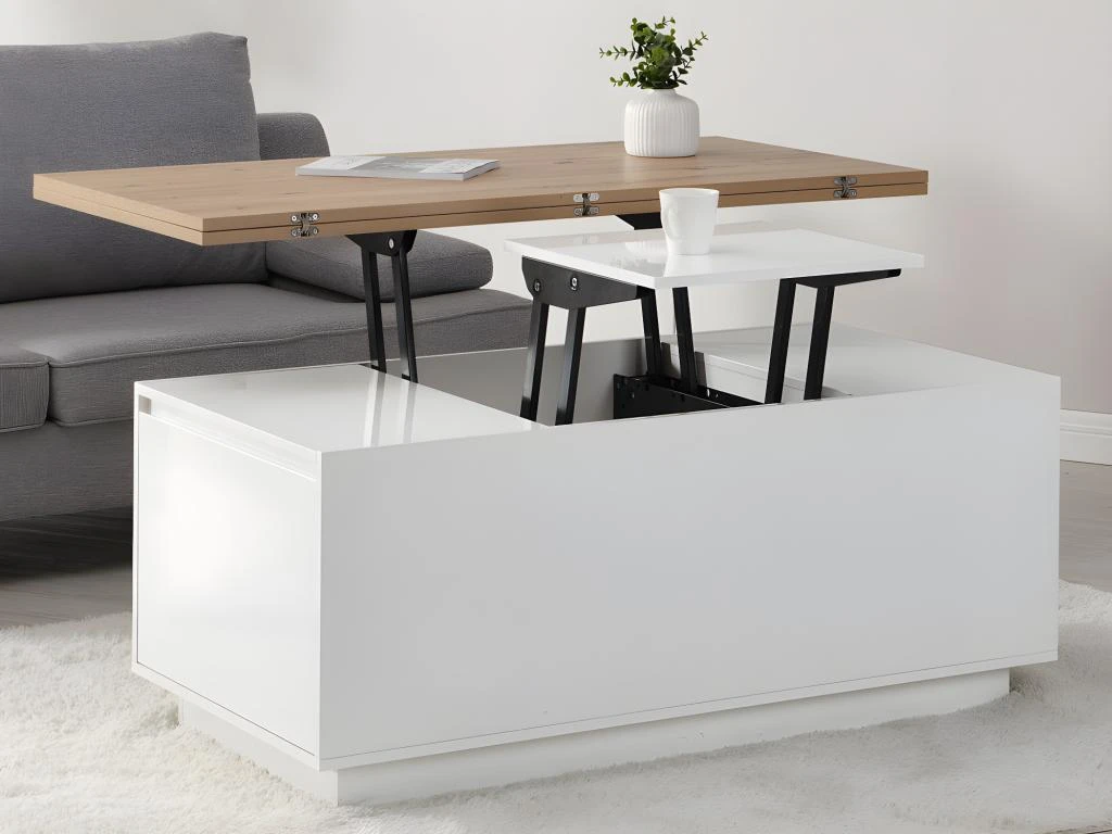 Table Basse Extensible Avec 2 Plateaux Relevables Et 2 Tiroirs - MDF Et Métal - Naturel Et Blanc Laqué - SILIAM 4 Table Basse Extensible Avec 2 Plateaux Relevables Et 2 Tiroirs - MDF Et Métal - Naturel Et Blanc Laqué - SILIAM – Image 2