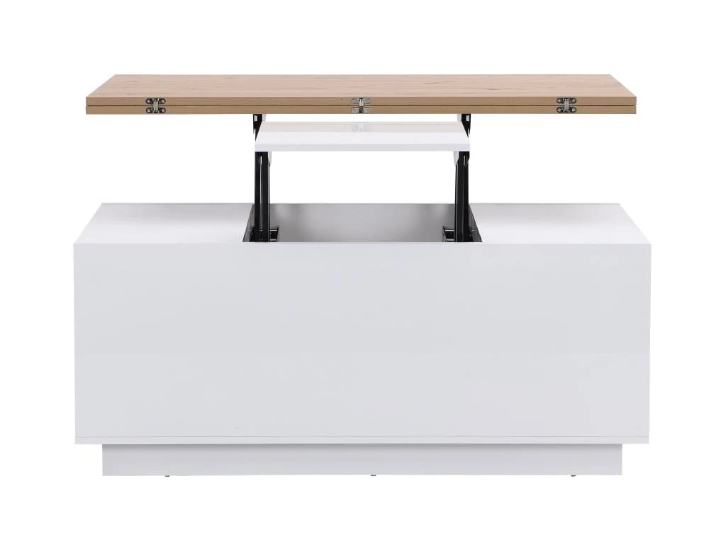 Table Basse Extensible Avec 2 Plateaux Relevables Et 2 Tiroirs - MDF Et Métal - Naturel Et Blanc Laqué - SILIAM 9 Table Basse Extensible Avec 2 Plateaux Relevables Et 2 Tiroirs - MDF Et Métal - Naturel Et Blanc Laqué - SILIAM – Image 7