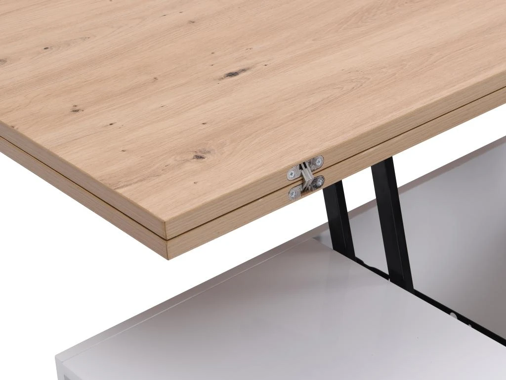 Table Basse Extensible Avec 2 Plateaux Relevables Et 2 Tiroirs - MDF Et Métal - Naturel Et Blanc Laqué - SILIAM 12 Table Basse Extensible Avec 2 Plateaux Relevables Et 2 Tiroirs - MDF Et Métal - Naturel Et Blanc Laqué - SILIAM – Image 10