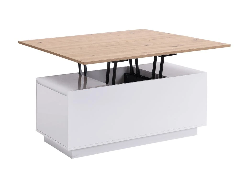Table Basse Extensible Avec 2 Plateaux Relevables Et 2 Tiroirs - MDF Et Métal - Naturel Et Blanc Laqué - SILIAM 8 Table Basse Extensible Avec 2 Plateaux Relevables Et 2 Tiroirs - MDF Et Métal - Naturel Et Blanc Laqué - SILIAM – Image 6