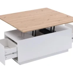 Table Basse Extensible Avec 2 Plateaux Relevables Et 2 Tiroirs - MDF Et Métal - Naturel Et Blanc Laqué - SILIAM 21 Table Basse Extensible Avec 2 Plateaux Relevables Et 2 Tiroirs - MDF Et Métal - Naturel Et Blanc Laqué - SILIAM -Pas Cher Mobiliora Magasin table basse 8212711
