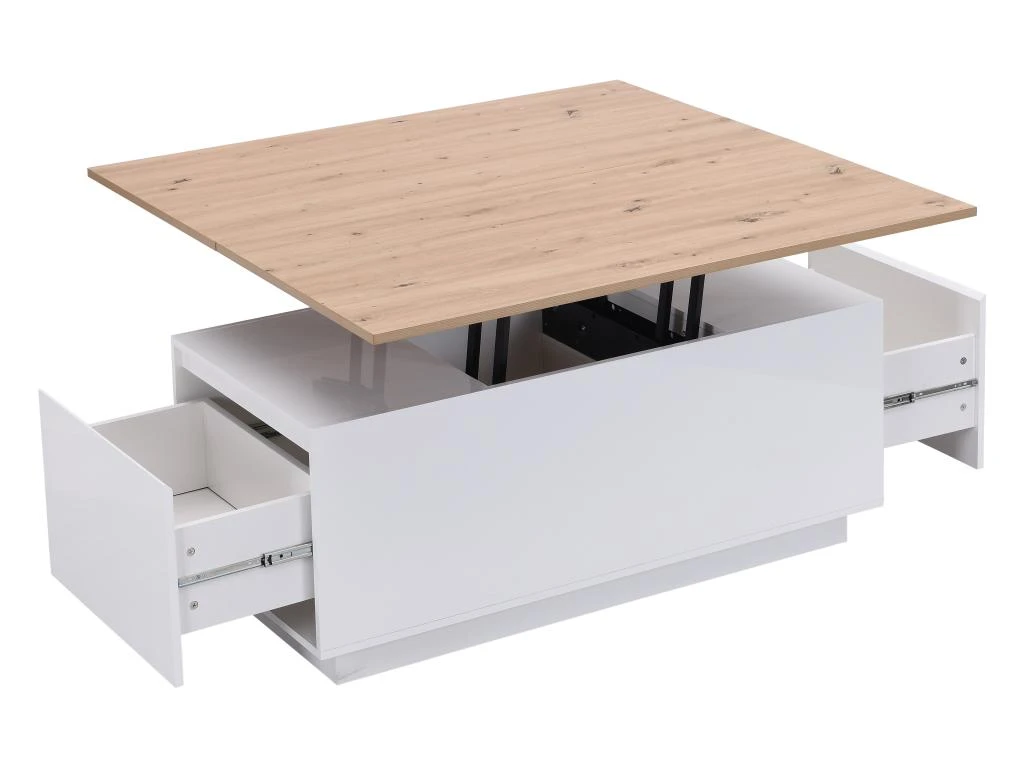 Table Basse Extensible Avec 2 Plateaux Relevables Et 2 Tiroirs - MDF Et Métal - Naturel Et Blanc Laqué - SILIAM 11 Table Basse Extensible Avec 2 Plateaux Relevables Et 2 Tiroirs - MDF Et Métal - Naturel Et Blanc Laqué - SILIAM – Image 9