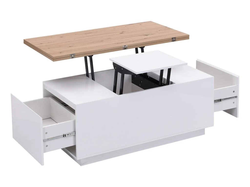 Table Basse Extensible Avec 2 Plateaux Relevables Et 2 Tiroirs - MDF Et Métal - Naturel Et Blanc Laqué - SILIAM 10 Table Basse Extensible Avec 2 Plateaux Relevables Et 2 Tiroirs - MDF Et Métal - Naturel Et Blanc Laqué - SILIAM – Image 8