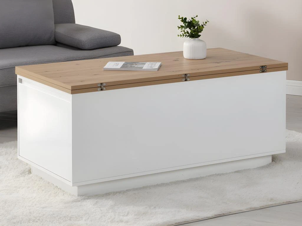 Table Basse Extensible Avec 2 Plateaux Relevables Et 2 Tiroirs - MDF Et Métal - Naturel Et Blanc Laqué - SILIAM 5 Table Basse Extensible Avec 2 Plateaux Relevables Et 2 Tiroirs - MDF Et Métal - Naturel Et Blanc Laqué - SILIAM – Image 3