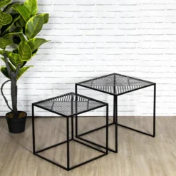 FLORA - Lot De 2 Tables Gigognes Métal Noir Motif Traits 6 FLORA - Lot De 2 Tables Gigognes Métal Noir Motif Traits -Pas Cher Mobiliora Magasin table basse 9172321