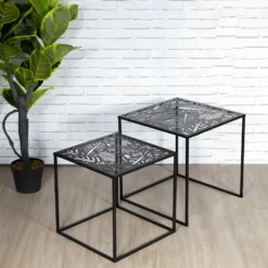 FLORA - Lot De 2 Tables Gigognes Métal Noir Motif Feuille -Pas Cher Mobiliora Magasin table basse 9172367