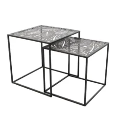 FLORA - Lot De 2 Tables Gigognes Métal Noir Motif Feuille -Pas Cher Mobiliora Magasin table basse 9172369