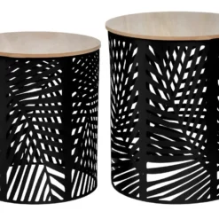 Lot De 2 Tables à Café En Métal Feuilles Noires Et Plateau En Bois