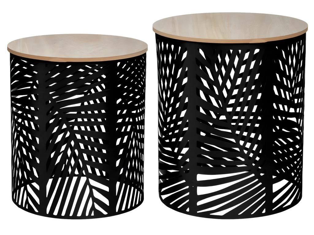 Lot De 2 Tables à Café En Métal Feuilles Noires Et Plateau En Bois 3 Lot De 2 Tables à Café En Métal Feuilles Noires Et Plateau En Bois