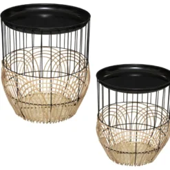 Lot De 2 Tables D'appoint Gigognes En Métal Noir Et Rotin