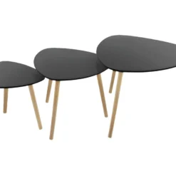 Lot De 3 Tables à Café Gigogne En Bois Noir Et Pieds En Bois D'Hévéa