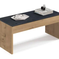 Table Basse Relevable Coloris Chêne Doré/ Marbre - Hauteur 47-58 X Longueur 100 X Profondeur 50 Cm