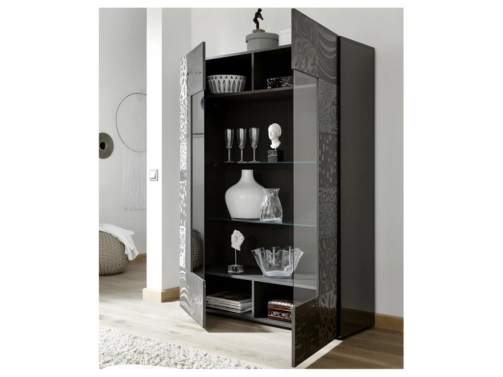 Vitrine 2 Portes Laqué Gris Brillant - BARI 4 Vitrine 2 Portes Laqué Gris Brillant - BARI – Image 2