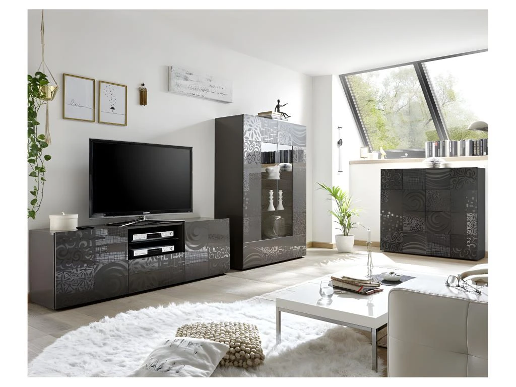 Vitrine 2 Portes Laqué Gris Brillant - BARI 7 Vitrine 2 Portes Laqué Gris Brillant - BARI – Image 5