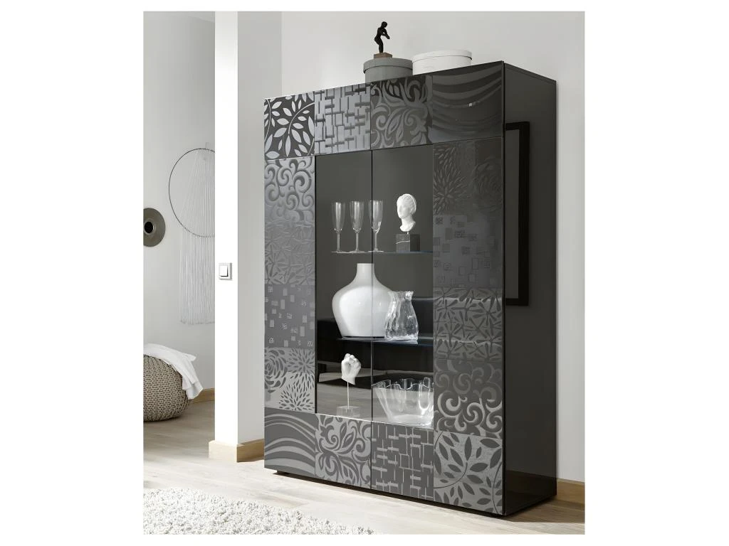 Vitrine 2 Portes Laqué Gris Brillant - BARI 8 Vitrine 2 Portes Laqué Gris Brillant - BARI – Image 6