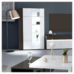 Vitrine 2 Portes Gris/Blanc Brillant - WATOM 10 Vitrine 2 Portes Gris/Blanc Brillant - WATOM -Pas Cher Mobiliora Magasin vitrine 17626339