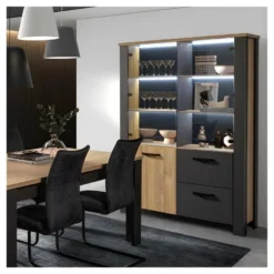 Vitrine 3 Portes 2 Tiroirs Chêne Naturel/Noir - ARTEMIS -Pas Cher Mobiliora Magasin vitrine 17635965