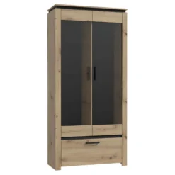 Vitrine H198 Cm Décor Chêne Clair Et Noir Avec Poignées Métal - LEILA