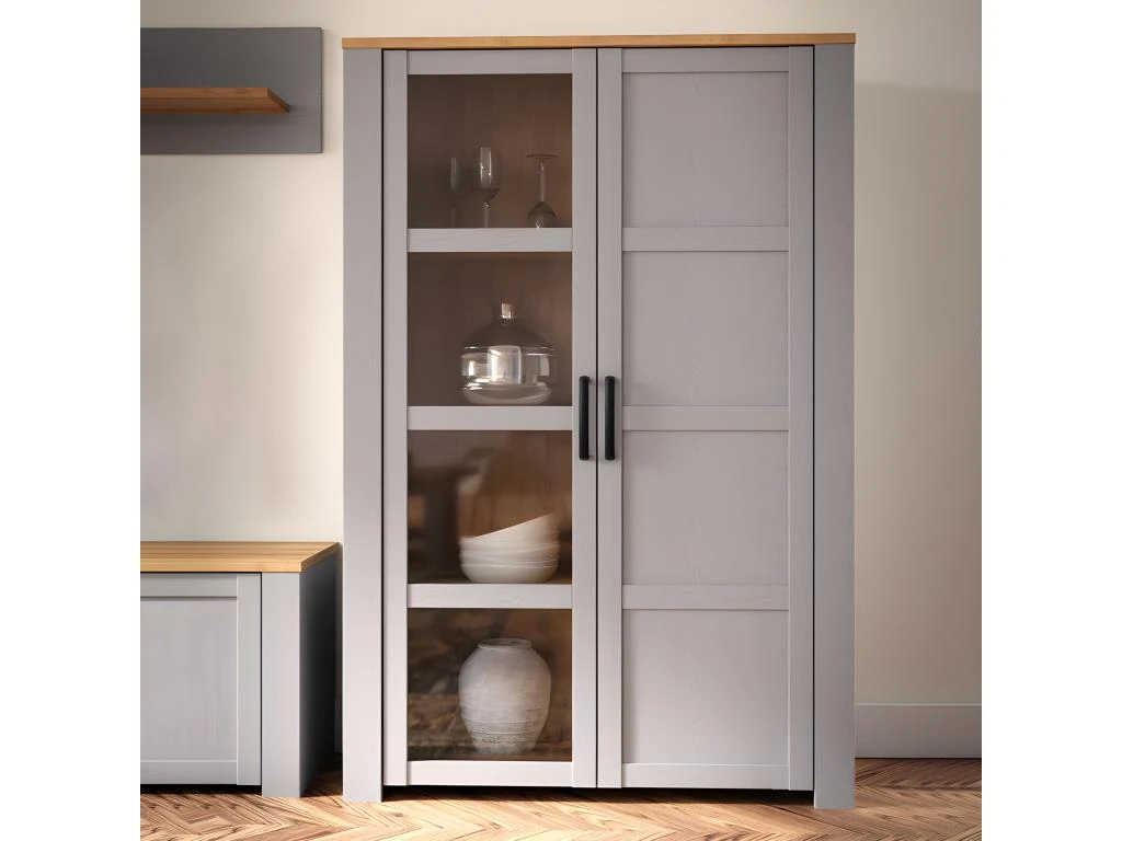 Vitrine H161 Cm Décor Chêne Gris Et Clair Avec Poignées Noir - ANTIBES 4 Vitrine H161 Cm Décor Chêne Gris Et Clair Avec Poignées Noir - ANTIBES – Image 2