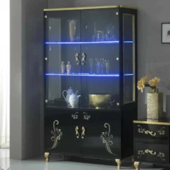 Vitrine 4 Portes Battantes Laque Noir Brillant/Or Ă Led - SEBORGA - L 122 X L 48 X H 203 Cm