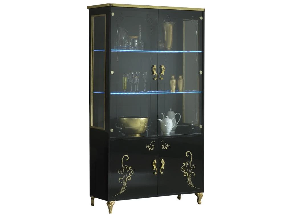 Vitrine 4 Portes Battantes Laque Noir Brillant/Or à Led - SEBORGA - L 122 X L 48 X H 203 Cm 4 Vitrine 4 Portes Battantes Laque Noir Brillant/Or à Led - SEBORGA - L 122 X L 48 X H 203 Cm – Image 2