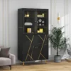 Vitrine Avec 2 Portes En Verre Et éclairage LED - Décorée De Rayures Dorées - Hauteur 180cm - Noir