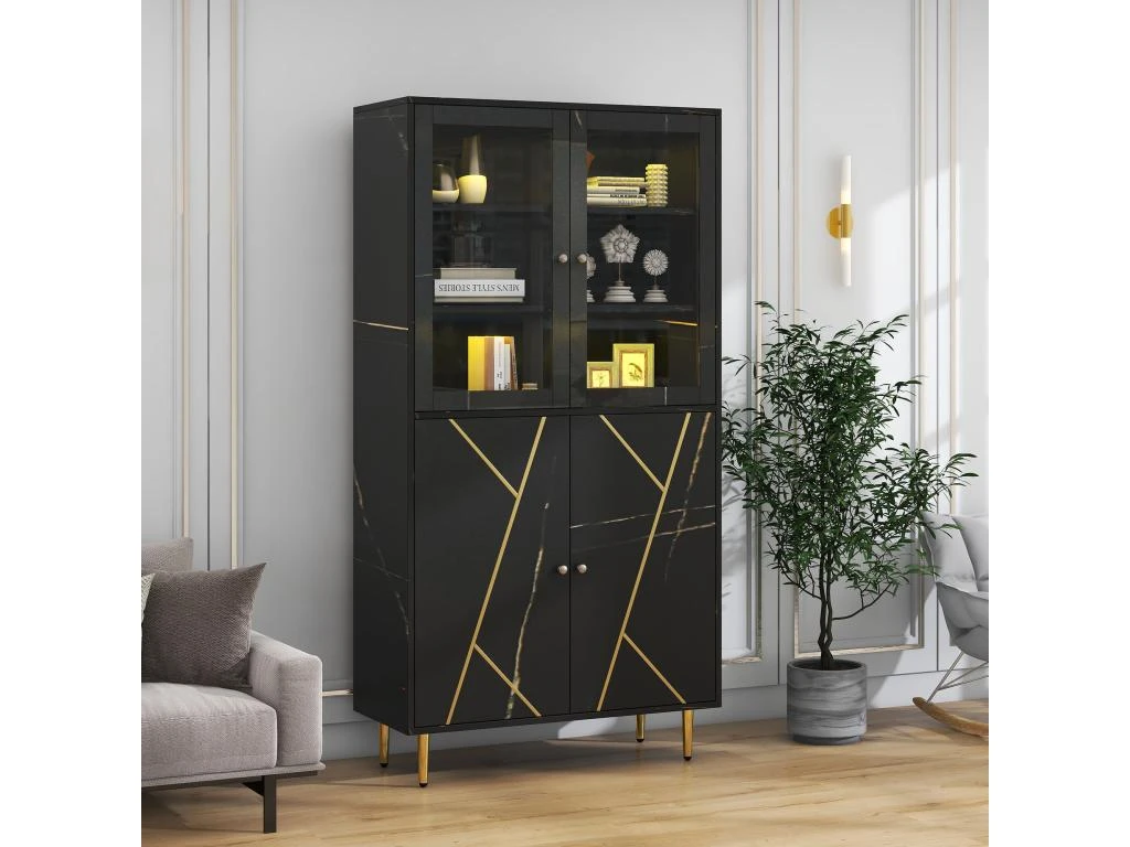 Vitrine Avec 2 Portes En Verre Et éclairage LED - Décorée De Rayures Dorées - Hauteur 180cm - Noir 3 Vitrine Avec 2 Portes En Verre Et éclairage LED - Décorée De Rayures Dorées - Hauteur 180cm - Noir