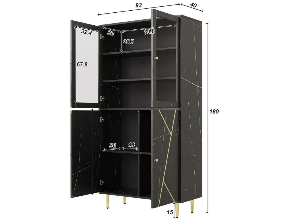 Vitrine Avec 2 Portes En Verre Et éclairage LED - Décorée De Rayures Dorées - Hauteur 180cm - Noir 7 Vitrine Avec 2 Portes En Verre Et éclairage LED - Décorée De Rayures Dorées - Hauteur 180cm - Noir – Image 5