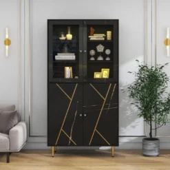 Vitrine Avec 2 Portes En Verre Et éclairage LED - Décorée De Rayures Dorées - Hauteur 180cm - Noir 21 Vitrine Avec 2 Portes En Verre Et éclairage LED - Décorée De Rayures Dorées - Hauteur 180cm - Noir -Pas Cher Mobiliora Magasin vitrine 21224081