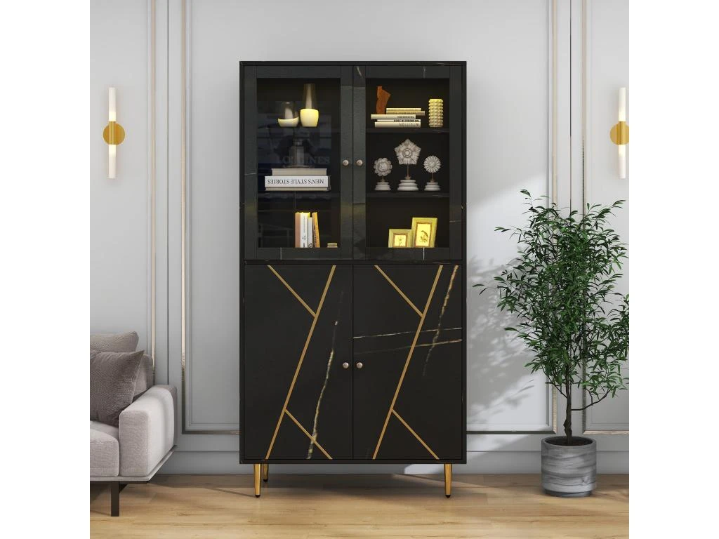 Vitrine Avec 2 Portes En Verre Et éclairage LED - Décorée De Rayures Dorées - Hauteur 180cm - Noir 12 Vitrine Avec 2 Portes En Verre Et éclairage LED - Décorée De Rayures Dorées - Hauteur 180cm - Noir – Image 10