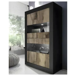 Vitrine 4 Portes Noir Mat/Bois Fumé à LEDS - MATERA