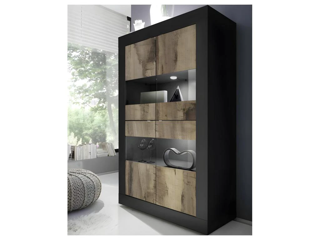 Vitrine 4 Portes Noir Mat/Bois Fumé à LEDS - MATERA 3 Vitrine 4 Portes Noir Mat/Bois Fumé à LEDS - MATERA