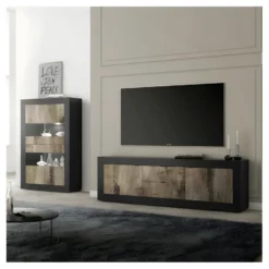 Vitrine 4 Portes Noir Mat/Bois Fumé à LEDS - MATERA 9 Vitrine 4 Portes Noir Mat/Bois Fumé à LEDS - MATERA -Pas Cher Mobiliora Magasin vitrine 21862903