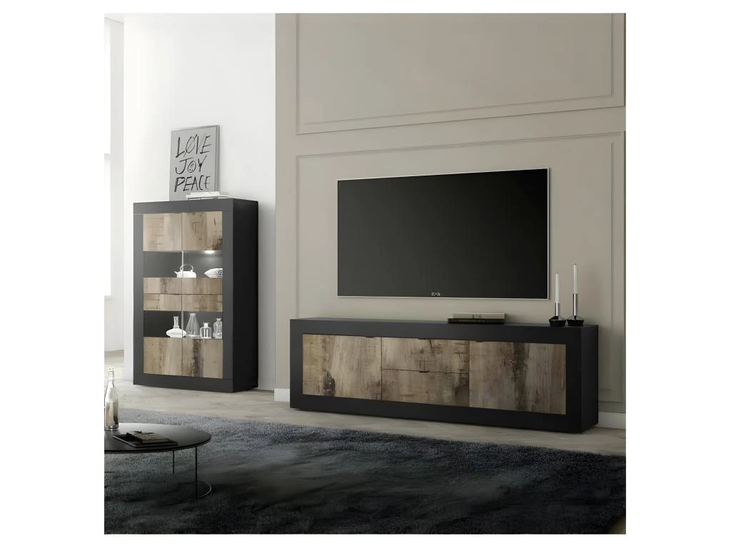 Vitrine 4 Portes Noir Mat/Bois Fumé à LEDS - MATERA 6 Vitrine 4 Portes Noir Mat/Bois Fumé à LEDS - MATERA – Image 4