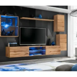 Vitrine Carrée Suspendue Coloris Chêne Clair Avec 1 Porte Vitrée Et éclairage LED Inclus. Collection SWITCH. -Pas Cher Mobiliora Magasin vitrine 22128875