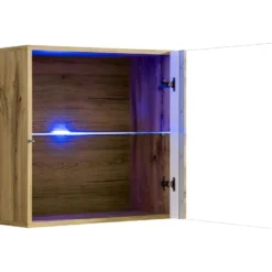 Vitrine Carrée Suspendue Coloris Chêne Clair Avec 1 Porte Vitrée Et éclairage LED Inclus. Collection SWITCH. -Pas Cher Mobiliora Magasin vitrine 22128877