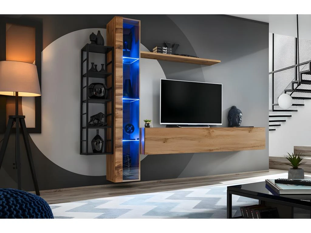 Vitrine Suspendue Coloris Chêne Wotan Avec 1 Porte Vitrée Et éclairage LED Inclus. Collection SWITCH. 4 Vitrine Suspendue Coloris Chêne Wotan Avec 1 Porte Vitrée Et éclairage LED Inclus. Collection SWITCH. – Image 2